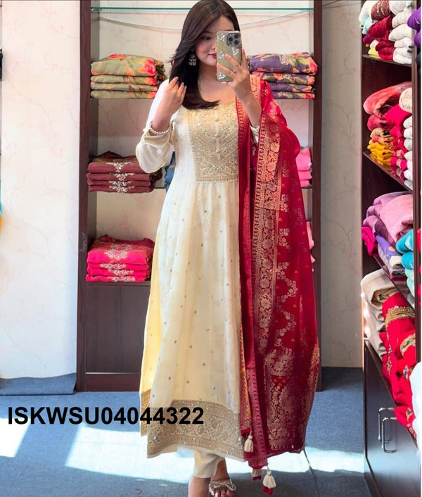 Sequined Banarasi Silk Anarkali Kurti With Pant And Banarasi Silk Dupatta-ISKWSU04044322