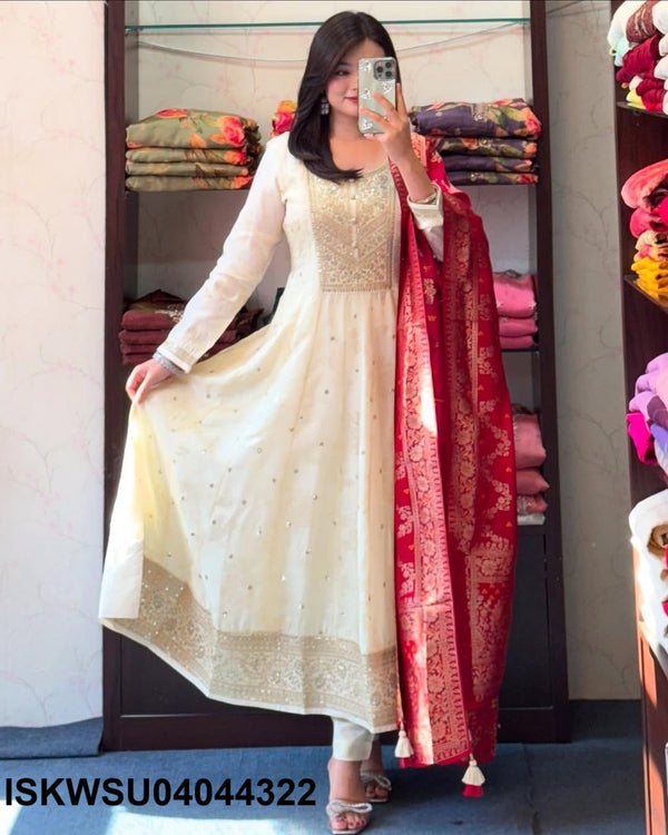 Sequined Banarasi Silk Anarkali Kurti With Pant And Banarasi Silk Dupatta-ISKWSU04044322