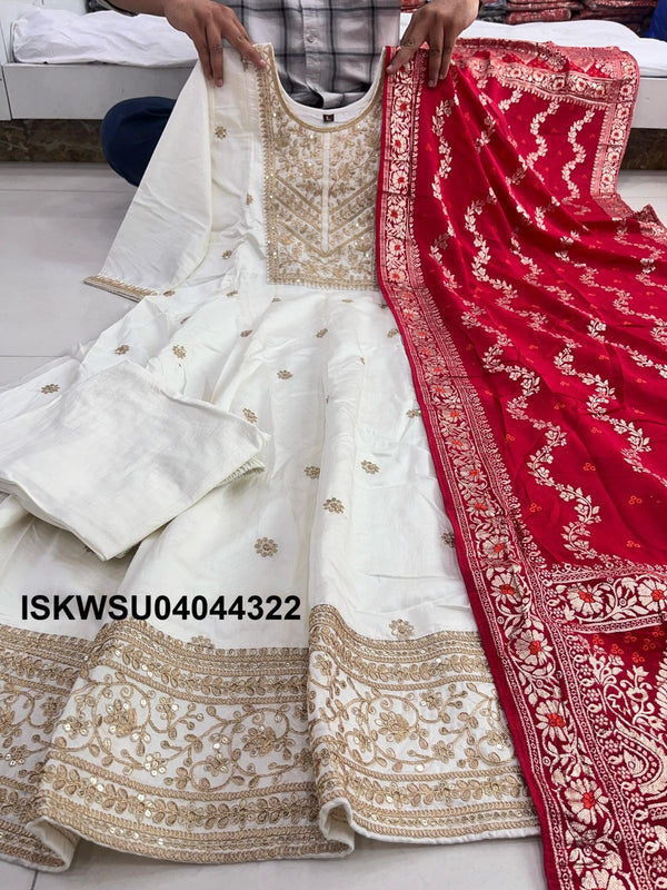 Sequined Banarasi Silk Anarkali Kurti With Pant And Banarasi Silk Dupatta-ISKWSU04044322