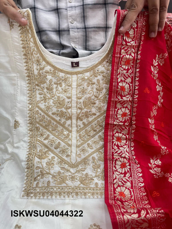 Sequined Banarasi Silk Anarkali Kurti With Pant And Banarasi Silk Dupatta-ISKWSU04044322