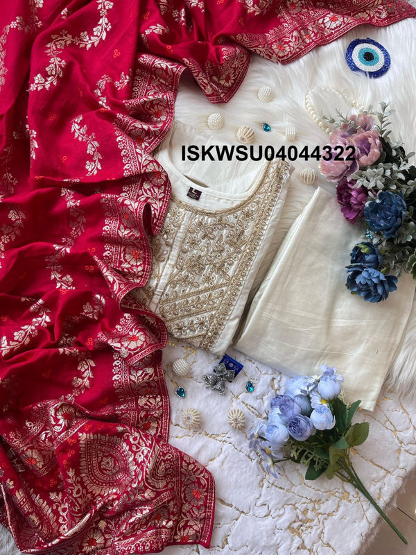 Sequined Banarasi Silk Anarkali Kurti With Pant And Banarasi Silk Dupatta-ISKWSU04044322