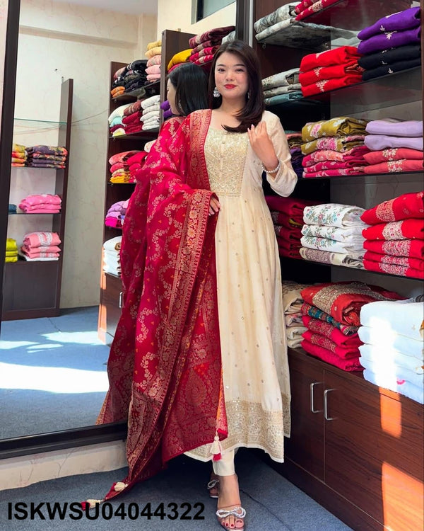 Sequined Banarasi Silk Anarkali Kurti With Pant And Banarasi Silk Dupatta-ISKWSU04044322