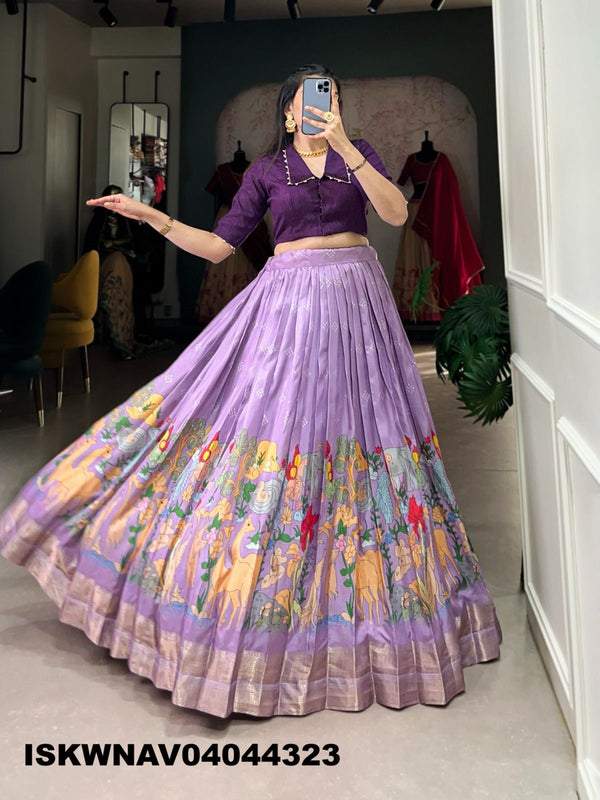 Kalamkari Printed Dola Silk Lehenga With Blouse-ISKWNAV04044323