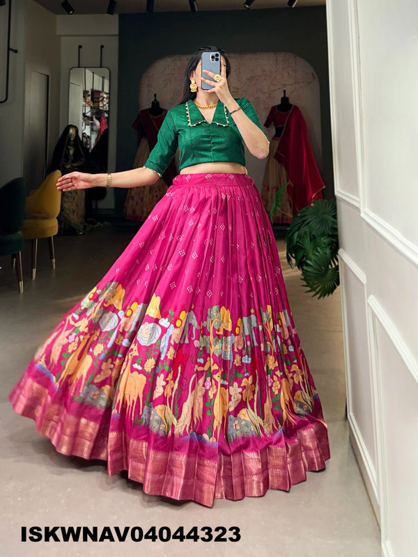 Kalamkari Printed Dola Silk Lehenga With Blouse-ISKWNAV04044323