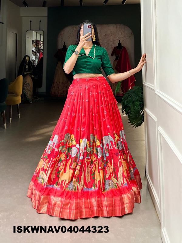 Kalamkari Printed Dola Silk Lehenga With Blouse-ISKWNAV04044323