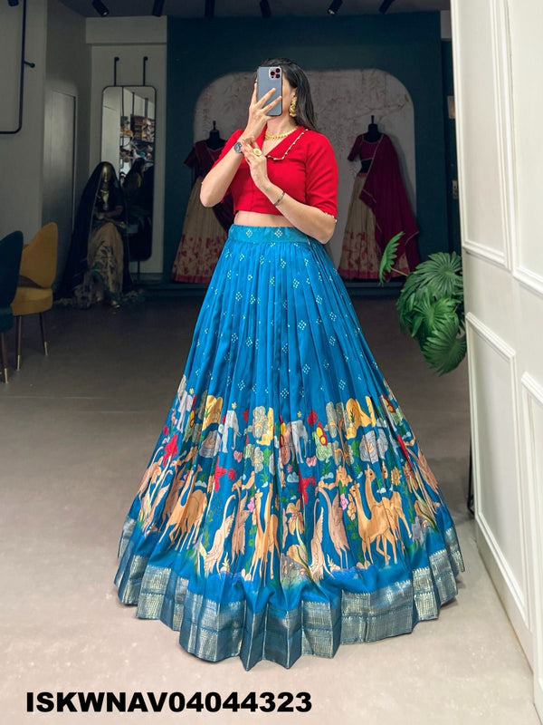 Kalamkari Printed Dola Silk Lehenga With Blouse-ISKWNAV04044323