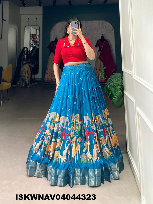 Kalamkari Printed Dola Silk Lehenga With Blouse-ISKWNAV04044323