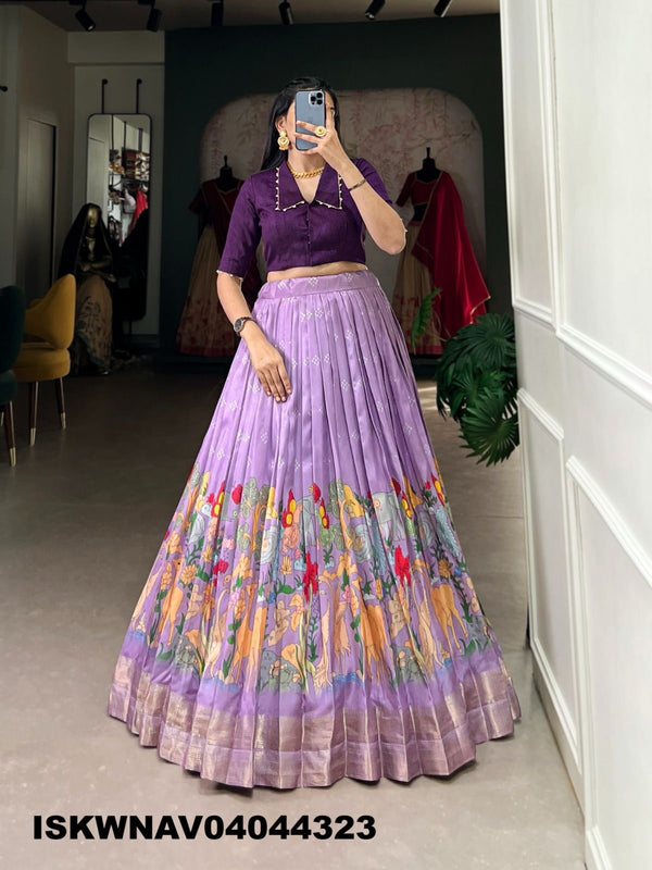 Kalamkari Printed Dola Silk Lehenga With Blouse-ISKWNAV04044323