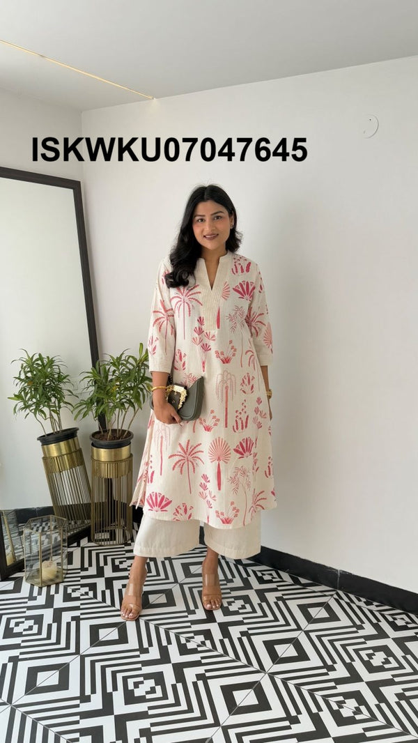 Printed Cotton Kurti With Palazzo-ISKWKU07047645