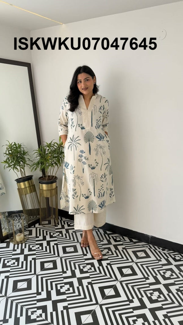 Printed Cotton Kurti With Palazzo-ISKWKU07047645