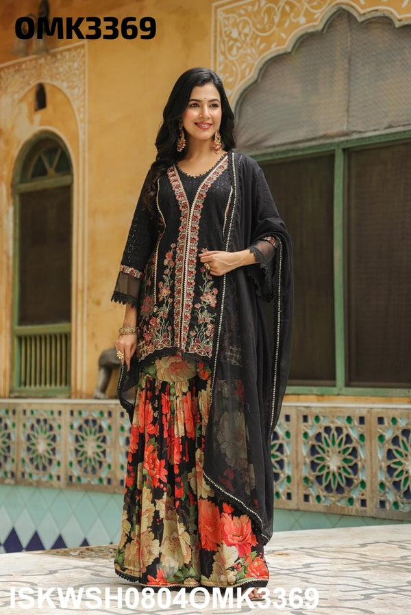 Chinon Net Schiffli Kurti With Floral Printed Sharara And Kota Doriya Dupatta-ISKWSH0804OMK3369