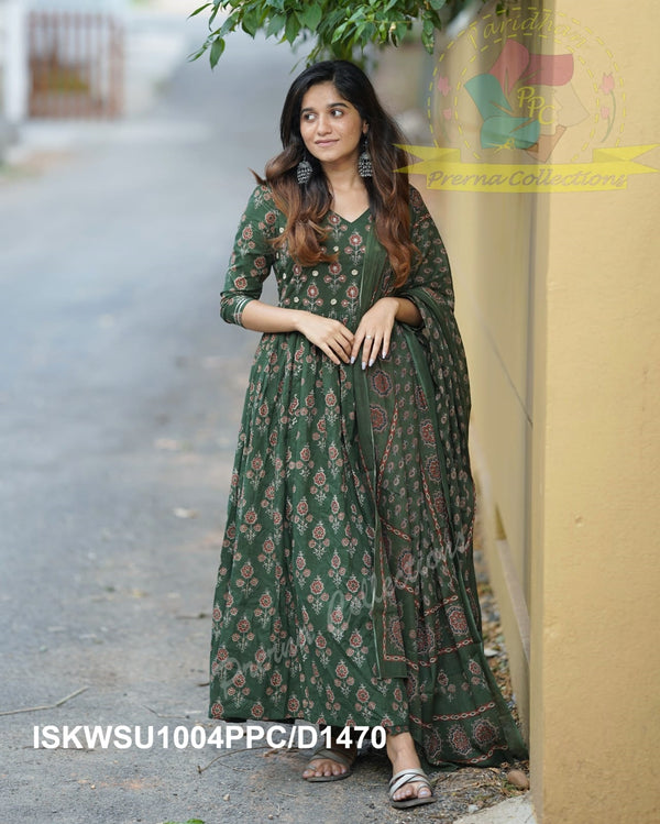 Ajrakh Printed Cotton Anarkali Kurti With Pant And Malmal Cotton Dupatta-ISKWSU1004PPC/D1470