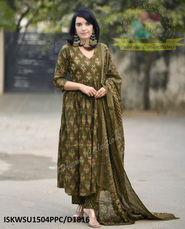 Ajrakh Printed Cotton Anarkali Kurti With Pant And Malmal Cotton Dupatta-ISKWSU1504PPC/D1816