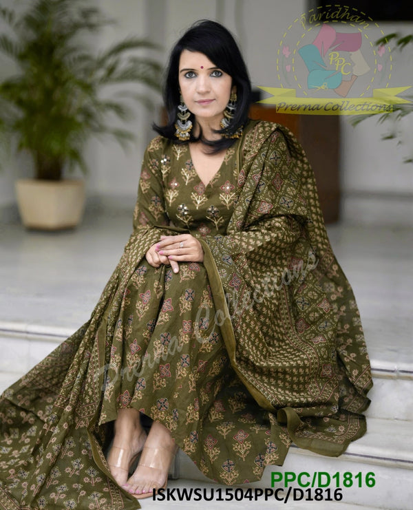 Ajrakh Printed Cotton Anarkali Kurti With Pant And Malmal Cotton Dupatta-ISKWSU1504PPC/D1816