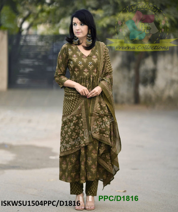 Ajrakh Printed Cotton Anarkali Kurti With Pant And Malmal Cotton Dupatta-ISKWSU1504PPC/D1816
