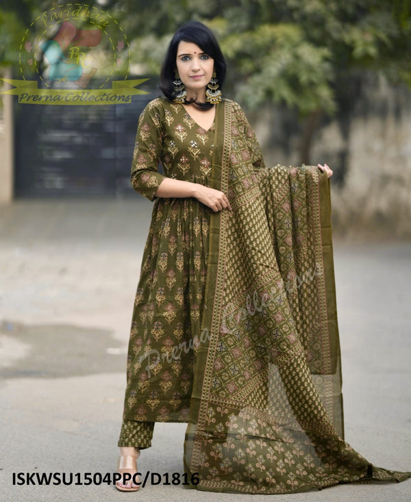 Ajrakh Printed Cotton Anarkali Kurti With Pant And Malmal Cotton Dupatta-ISKWSU1504PPC/D1816
