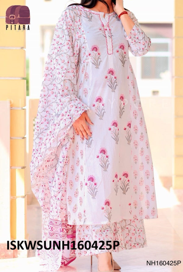 Printed Cotton Kurti With Pant And Kota Doriya Dupatta-ISKWSUNH160425P