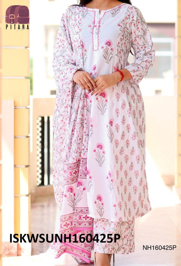 Printed Cotton Kurti With Pant And Kota Doriya Dupatta-ISKWSUNH160425P