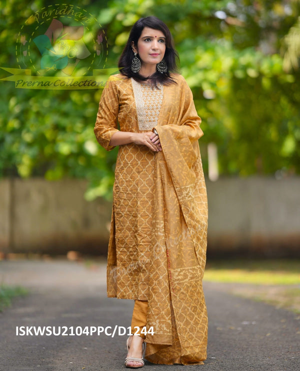 Bagru Printed Chanderi Kurti With Pant And Dupatta-ISKWSU2104PPC/D1244