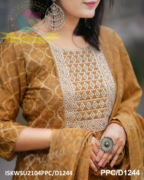 Bagru Printed Chanderi Kurti With Pant And Dupatta-ISKWSU2104PPC/D1244