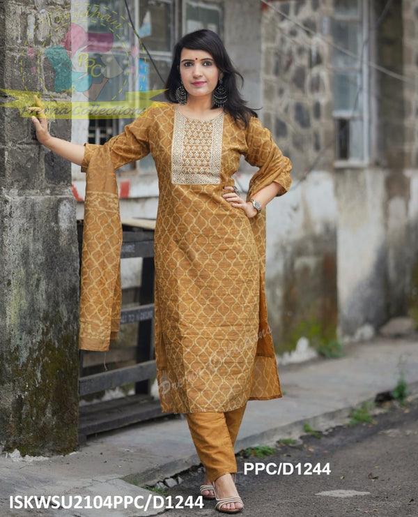 Bagru Printed Chanderi Kurti With Pant And Dupatta-ISKWSU2104PPC/D1244