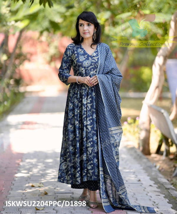 Block Printed Cotton Anarkali Kurti With Pant And Malmal Cotton Dupatta-ISKWSU2204PPC/D1244