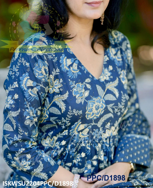 Block Printed Cotton Anarkali Kurti With Pant And Malmal Cotton Dupatta-ISKWSU2204PPC/D1244