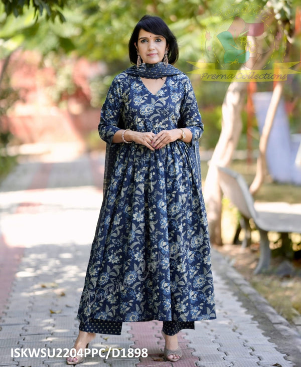 Block Printed Cotton Anarkali Kurti With Pant And Malmal Cotton Dupatta-ISKWSU2204PPC/D1244