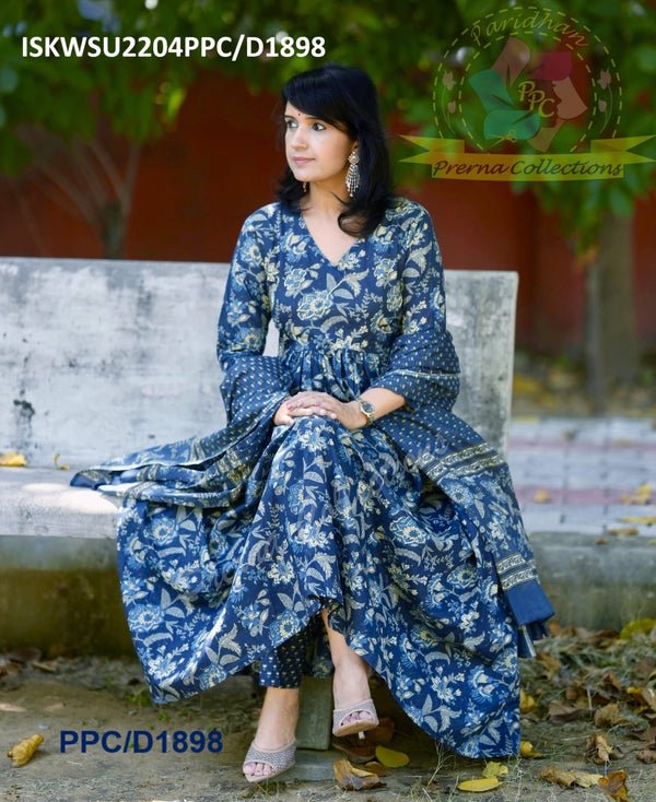 Block Printed Cotton Anarkali Kurti With Pant And Malmal Cotton Dupatta-ISKWSU2204PPC/D1244