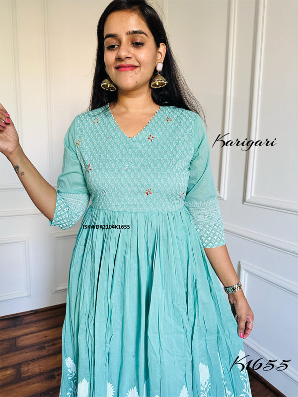 Block Printed Malmal Cotton Dress-ISKWDR2104K1655