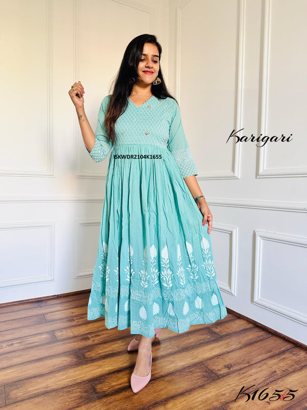 Block Printed Malmal Cotton Dress-ISKWDR2104K1655