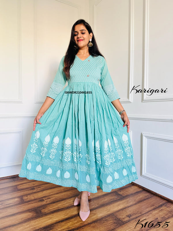 Block Printed Malmal Cotton Dress-ISKWDR2104K1655