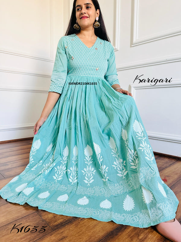 Block Printed Malmal Cotton Dress-ISKWDR2104K1655