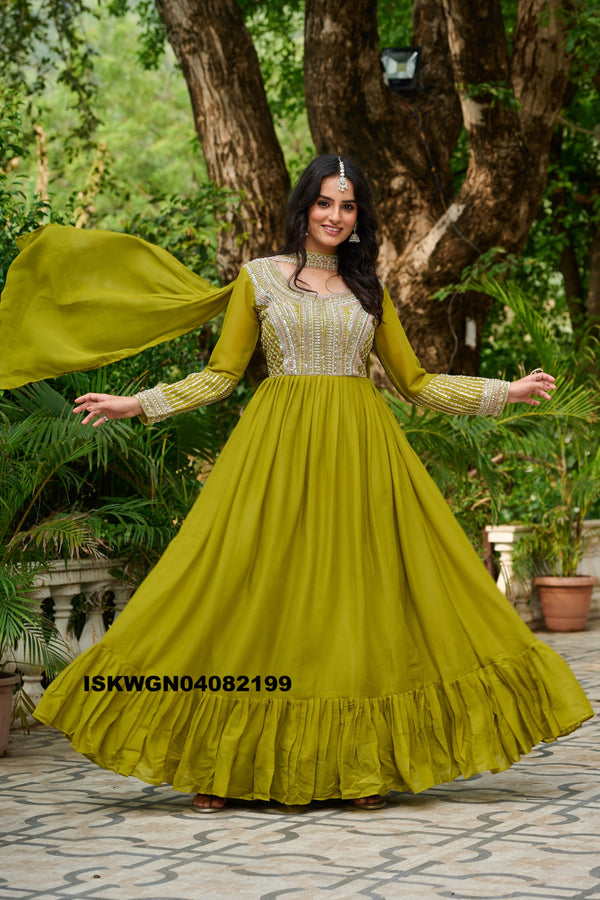 Embroidered Georgette Gown With Dupatta-ISKWGN04082199