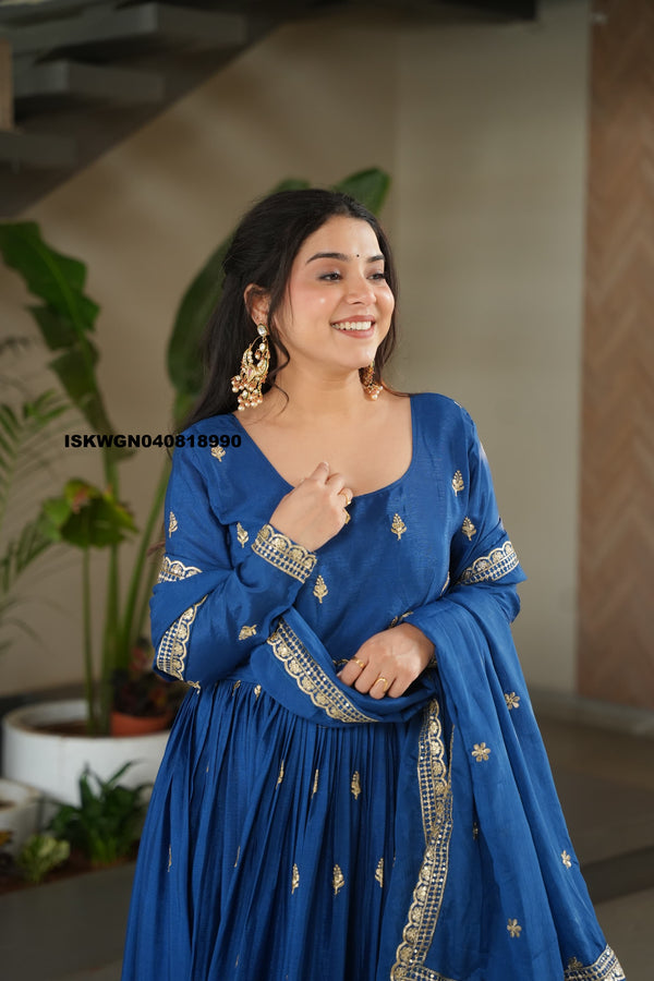 Embroidered Chinon Silk Gown With Dupatta-ISKWGN040818990