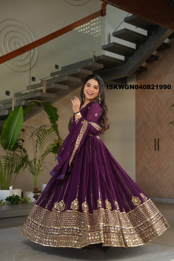 Embroidered Georgette Gown With Dupatta-ISKWGN040821990