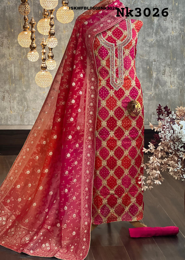 Bandhani Chinon Kurti With Upada Silk Bottom And Ombre Organza Dupatta-ISKWFBL0608Nk3026