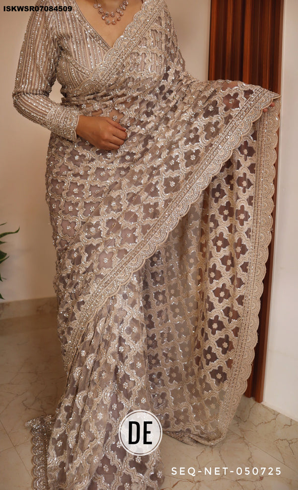 Sequined Net Saree With Ready To Wear Blouse-ISKWSR07084509