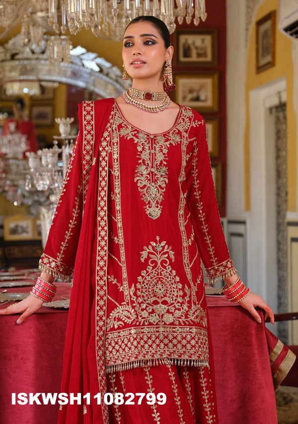 Embroidered Chinon Kurti With Sharara And Dupatta-ISKWSH11082799