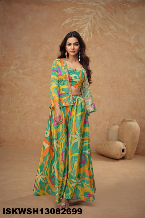 Digital Printed Chinon Silk Crop Top With Sharara And Jacket-ISKWSH13082699