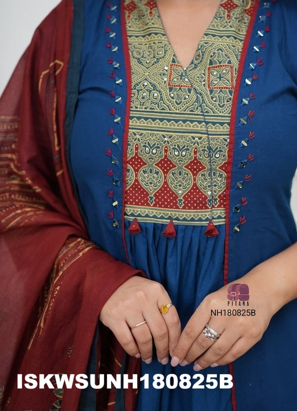 Embroidered Cotton Kurti With Palazzo And Printed Dupatta-ISKWSUNH180825M/NH180825B/NH180825K