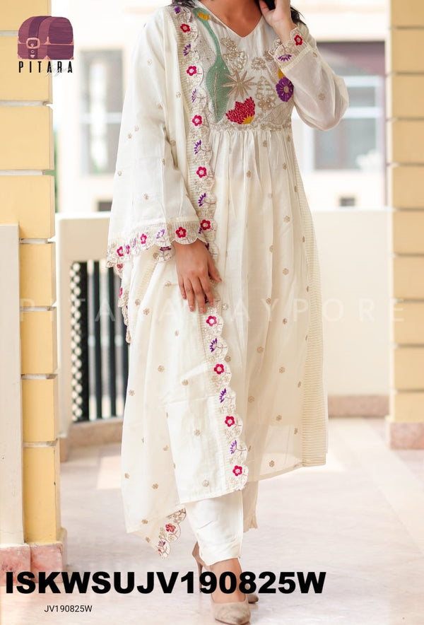 Embroidered Malmal Chanderi Kurti With Silk Pant And Dupatta-ISKWSUJV190825W