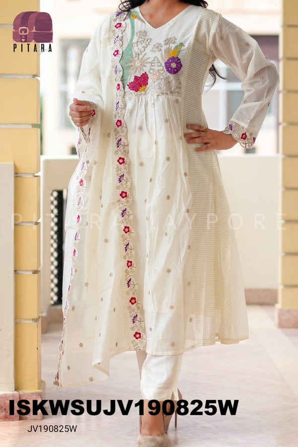 Embroidered Malmal Chanderi Kurti With Silk Pant And Dupatta-ISKWSUJV190825W