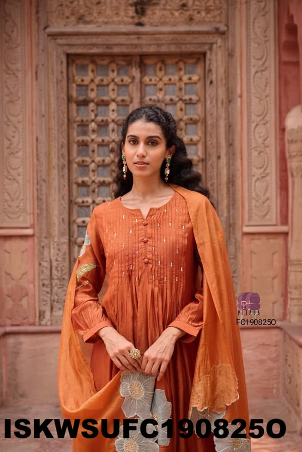 Embroidered Malmal Chanderi Kurti With Silk Pant And Chanderi Dupatta-ISKWSUFC190825O