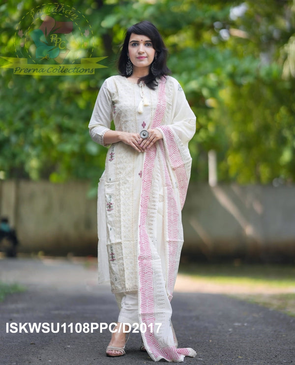 Cotton Schiffli Kurti With Pant And Hand Block Printed Malmal Cotton Dupatta-ISKWSU1108PPC/D2017