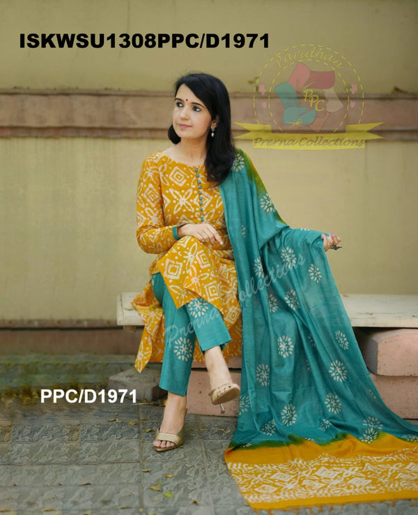Batik Printed Silk Kurti With Pant And Dupatta-ISKWSU1308PPC/D1971