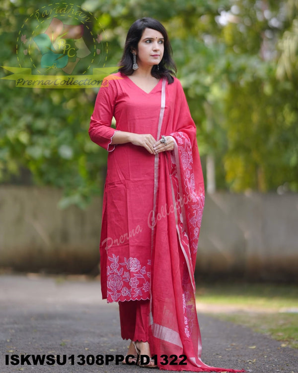 Hand Crafted Cotton Kurti With Pant And Handloom Dupatta-ISKWSU1308PPC/D1322