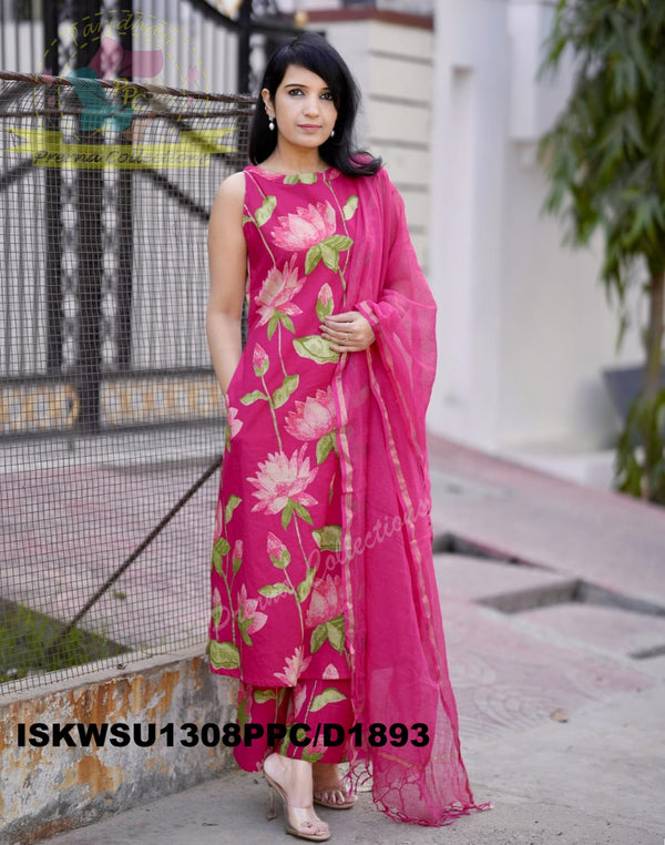 Pichwai Printed Cotton A-Line Kurti With Pant And Kota Doriya Dupatta-ISKWSU1308PPC/D1893