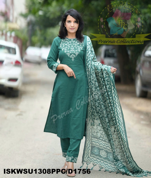 Handloom Cotton Kurti With Pant And Khadi Silk Kalamkari Printed Dupatta-ISKWSU1308PPC/D1756