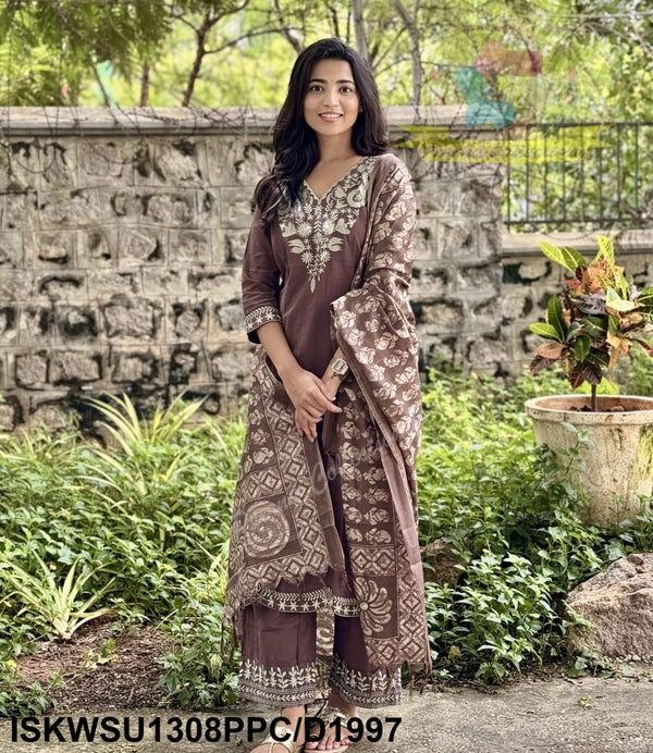 Embroidered Khadi Cotton Kurti With Pant And Printed Silk Dupatta-ISKWSU1308PPC/D1997